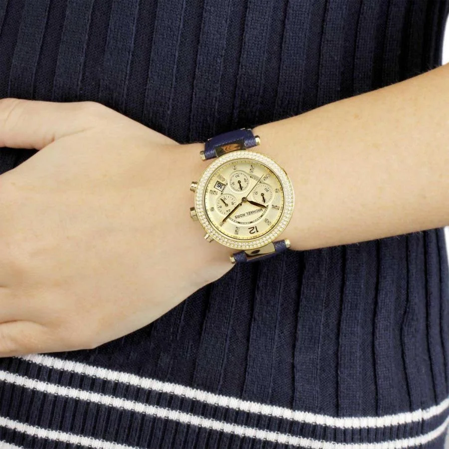 Montre Femme Michael Kors MK2280 Chronographe Acier Doré & Cadran Doré sur Bracelet Cuir Bleu Marine vue 4