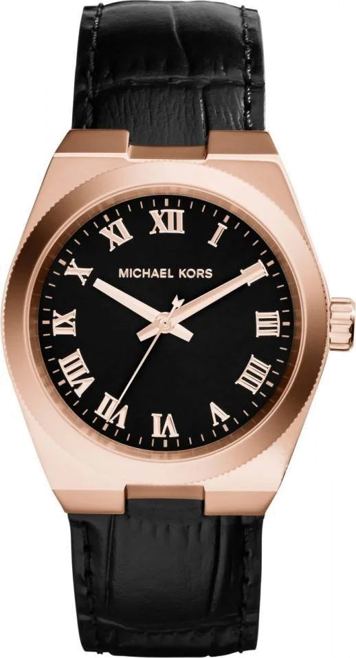 Montre Femme Michael Kors MK2358 - Boîtier Or Rose, Cadran et Bracelet Cuir Noir