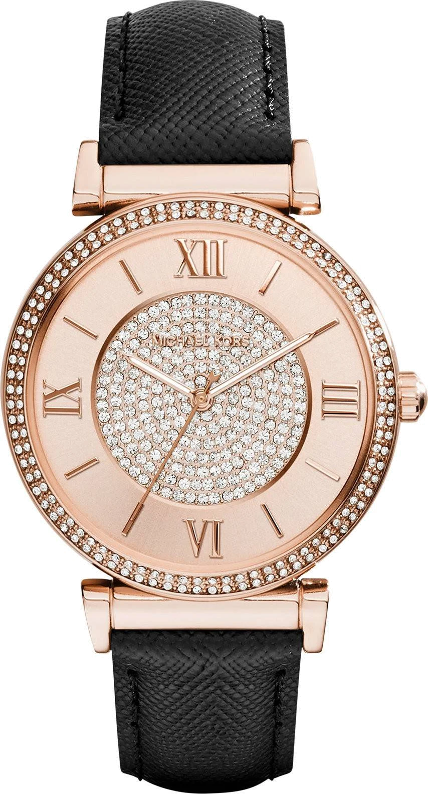 Montre Michael Kors Catlin MK2376 pour Femme - Cadran Fuchsia, Boîtier Or Rose, Bracelet Cuir Noir