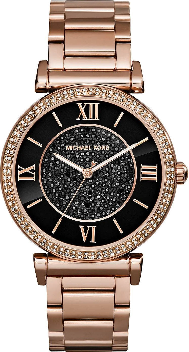 Montre Femme Michael Kors MK3356 Cadran Noir Cristaux Bracelet Acier Doré Rose