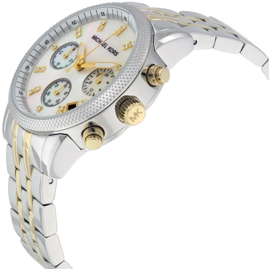 Montre Michael Kors Ritz MK5057 pour Femme - Cadran nacre argenté, bracelet acier bi-ton or et argent, chronomètre vue 2