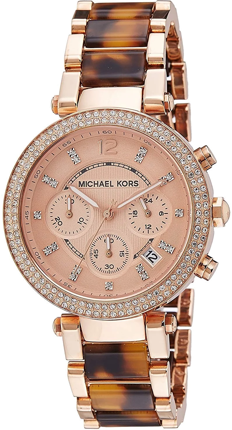 Montre Michael Kors Parker MK5538 pour Femme - Cadran Fuchsia, Bracelet Marron Acier et Acétate