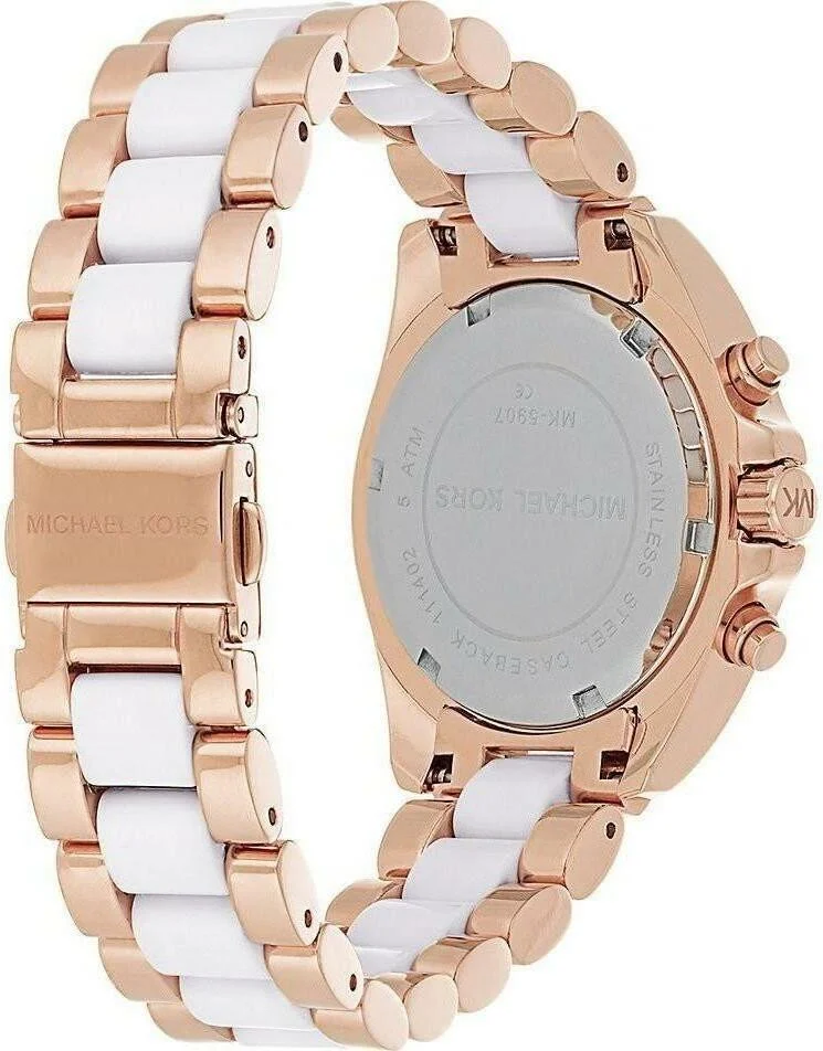 Montre Femme Michael Kors Bradshaw MK5907 - Cadran Blanc, Boîtier et Bracelet Acier Or Rose et Acétate vue 3