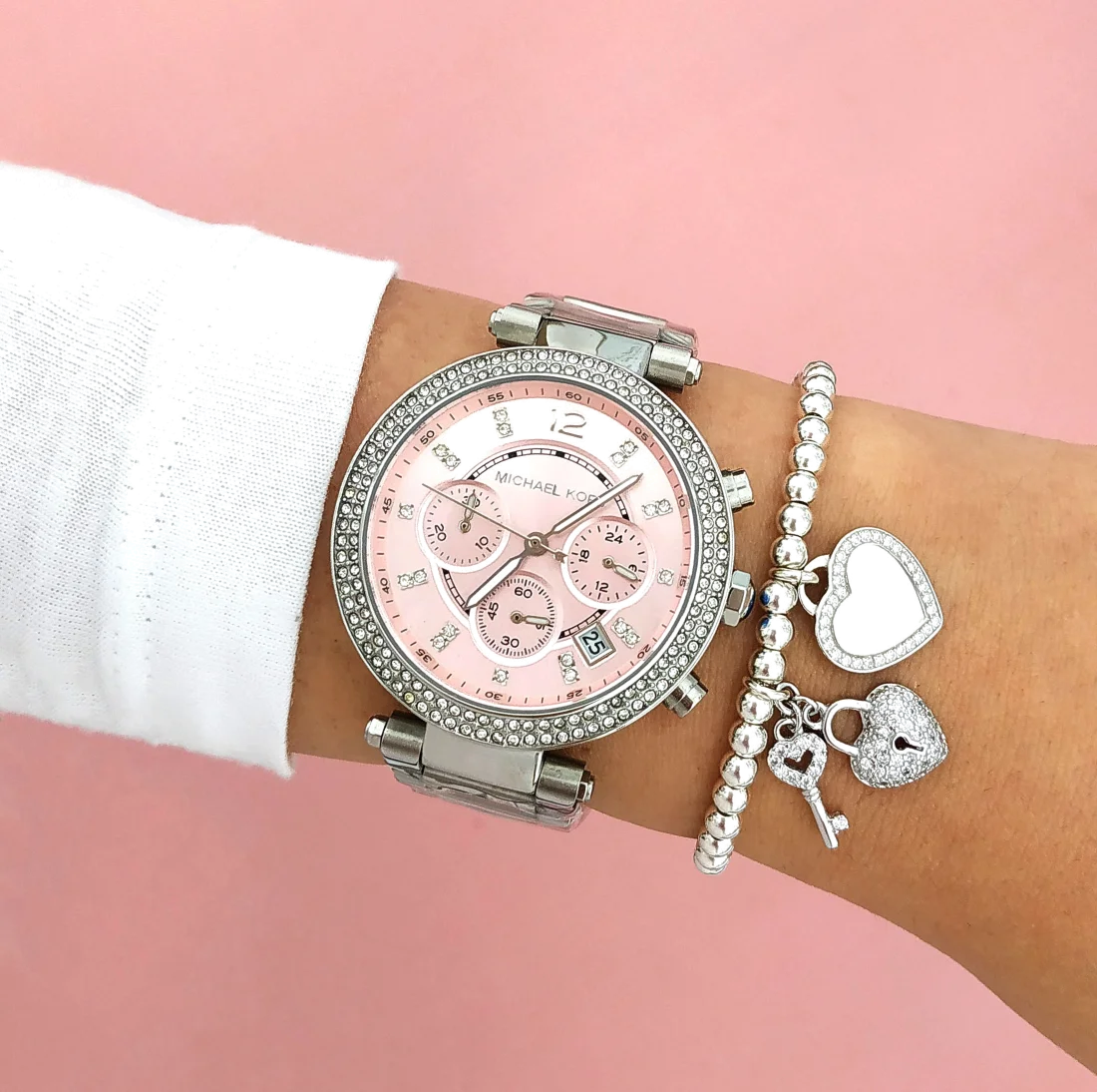 Montre Michael Kors Parker MK6105 pour femme, cadran fuchsia, bracelet acier argenté vue 5