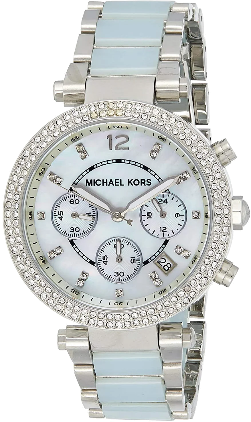 Montre Femme Michael Kors MK6138 Parker - Cadran Nacre, Bracelet Bi-matière Acier et Bleu, Chronographe