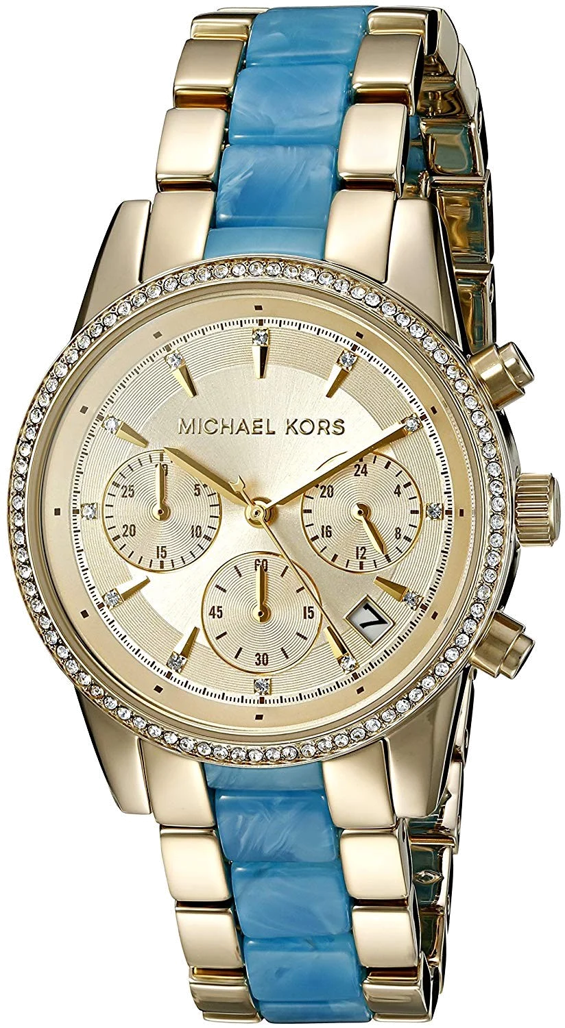 Montre Michael Kors Ritz MK6328 pour Femme, Cadran Doré et Bracelet Acier Bleu