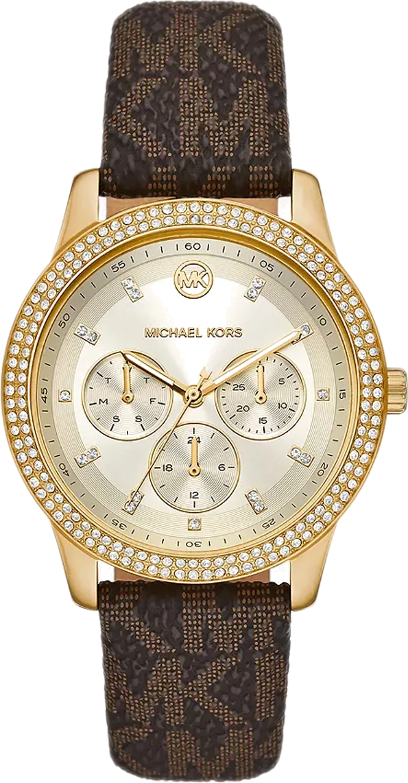 Montre Michael Kors MK6966 Tibby Femme, Cadran Argent, Boîtier Or, Bracelet Cuir Marron