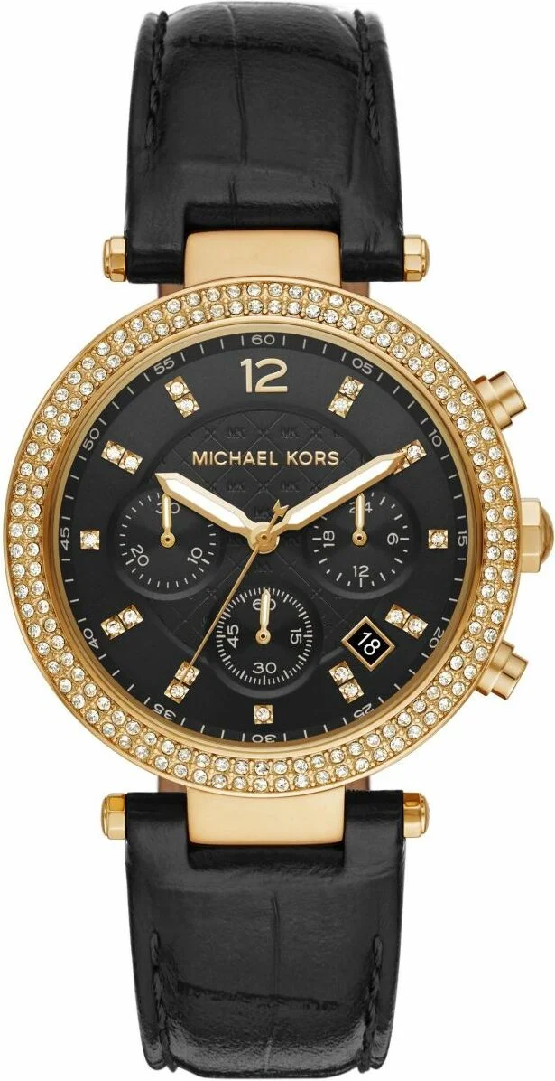 Montre Femme Michael Kors Parker MK6984, Cadran Or et Cristaux, Bracelet Cuir Noir