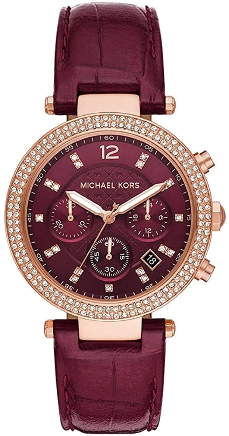 Montre Femme Michael Kors Parker MK6986 en or, cadran rouge et bracelet cuir bordeaux