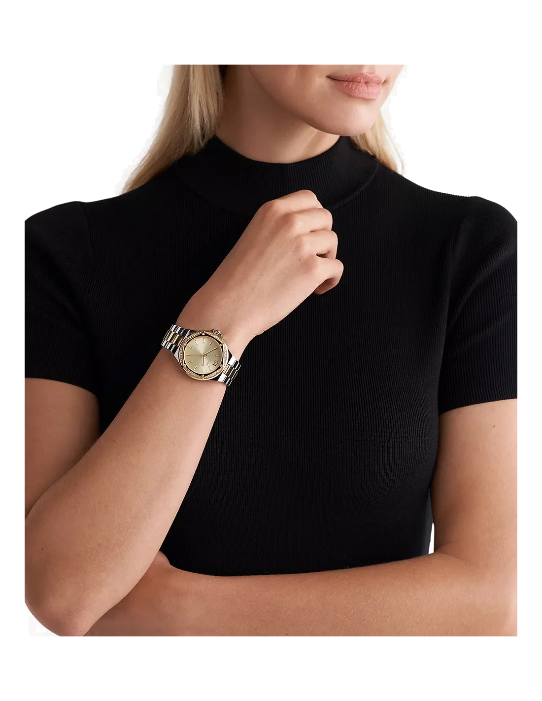 Montre Michael Kors Lennox MK6988 pour femme - Cadran doré, bracelet acier inoxydable bicolore argent et or vue 4