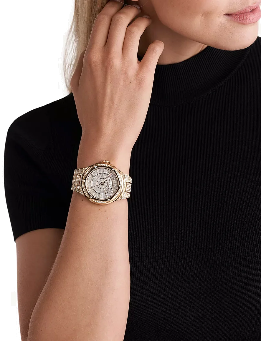 Montre Femme Michael Kors Lennox MK6991 en Or, Cadran Blanc 41mm à Cristaux, Bracelet Acier Pavé vue 4