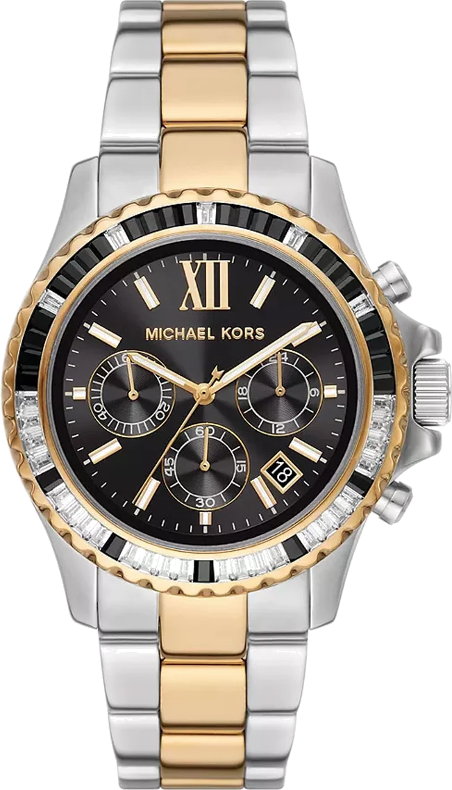 Montre Michael Kors Everest MK7209 Chronographe Femme Cadran Noir Pavé Cristaux Bracelet Bicolore Acier