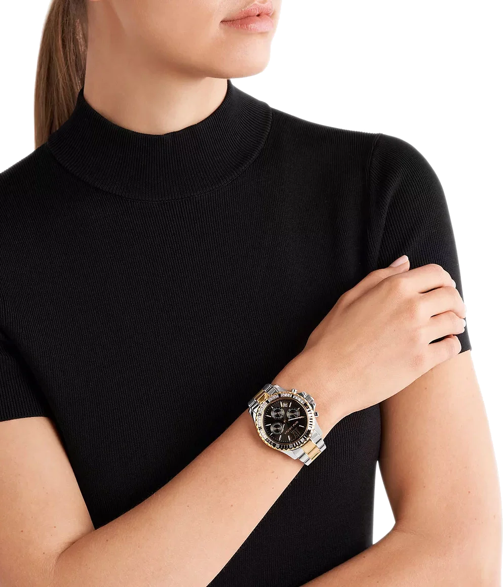 Montre Michael Kors Everest MK7209 Chronographe Femme Cadran Noir Pavé Cristaux Bracelet Bicolore Acier vue 2