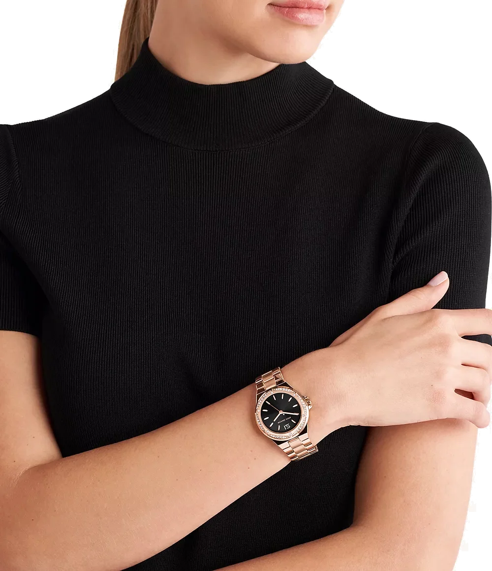 Montre Femme Michael Kors Lennox MK7233, Cadran Noir, Boîtier et Bracelet Acier Inoxydable Or Rose vue 4
