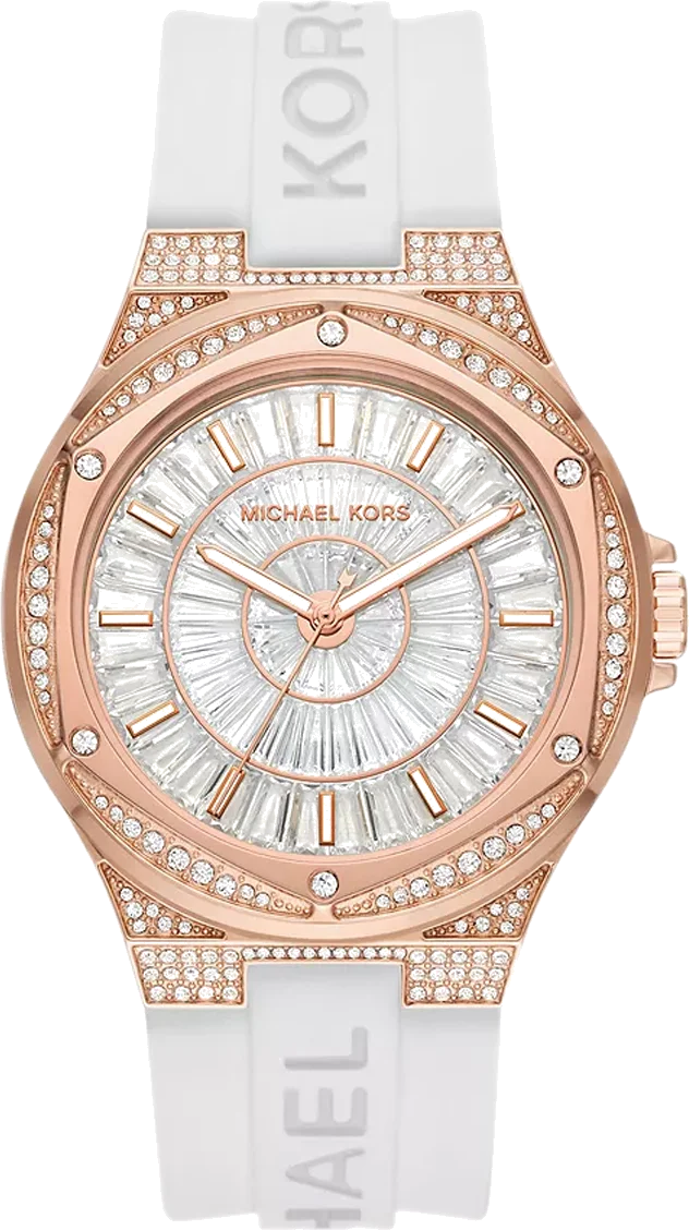 Montre Femme Michael Kors MK7248 Lennox - Boîtier Or Rose 43mm, Cadran Blanc Pavé, Bracelet Silicone Blanc