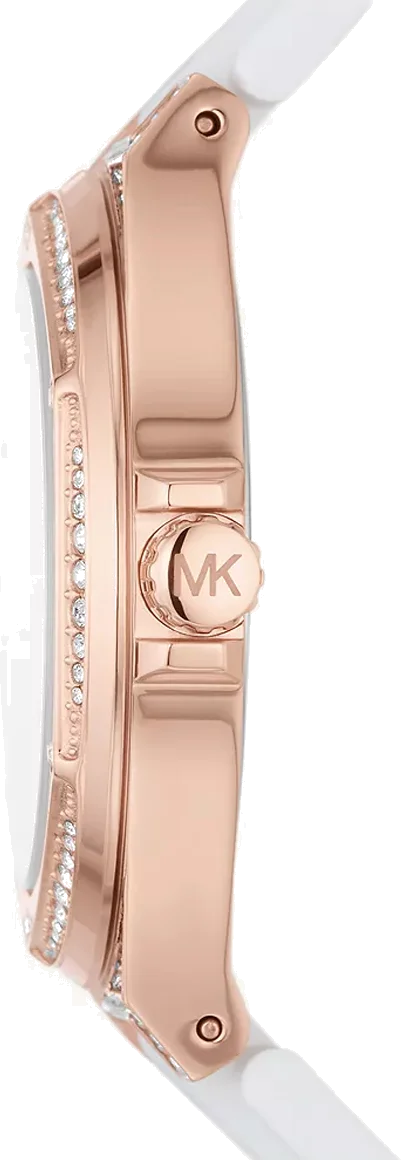 Montre Femme Michael Kors MK7248 Lennox - Boîtier Or Rose 43mm, Cadran Blanc Pavé, Bracelet Silicone Blanc vue 3
