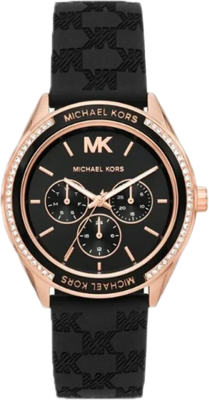 Montre Michael Kors Jessa MK7266 pour Femme, Cadran Noir Multifonction, Bracelet Silicone Noir, Boîtier Or Rose
