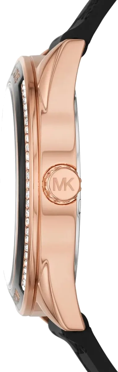 Montre Michael Kors Jessa MK7266 pour Femme, Cadran Noir Multifonction, Bracelet Silicone Noir, Boîtier Or Rose vue 3