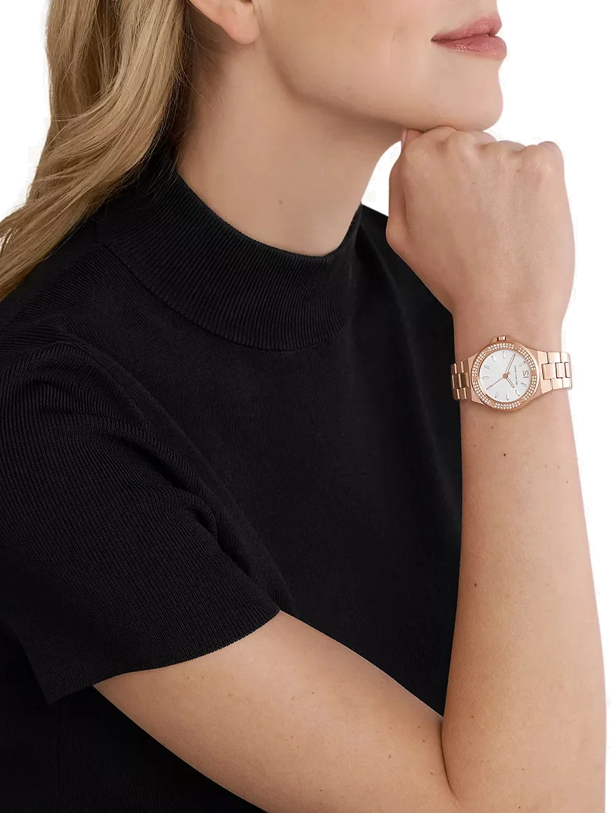 Montre Michael Kors Mini Lennox MK7279 Femme - Cadran Argent Pavé de Cristaux - Bracelet Acier Or Rose vue 4
