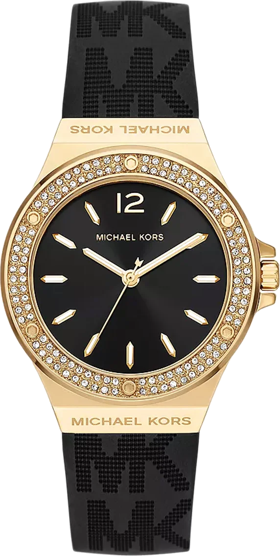 Montre Michael Kors MK7281 Mini-Lennox pour femme, boîtier or et cadran noir, bracelet silicone noir