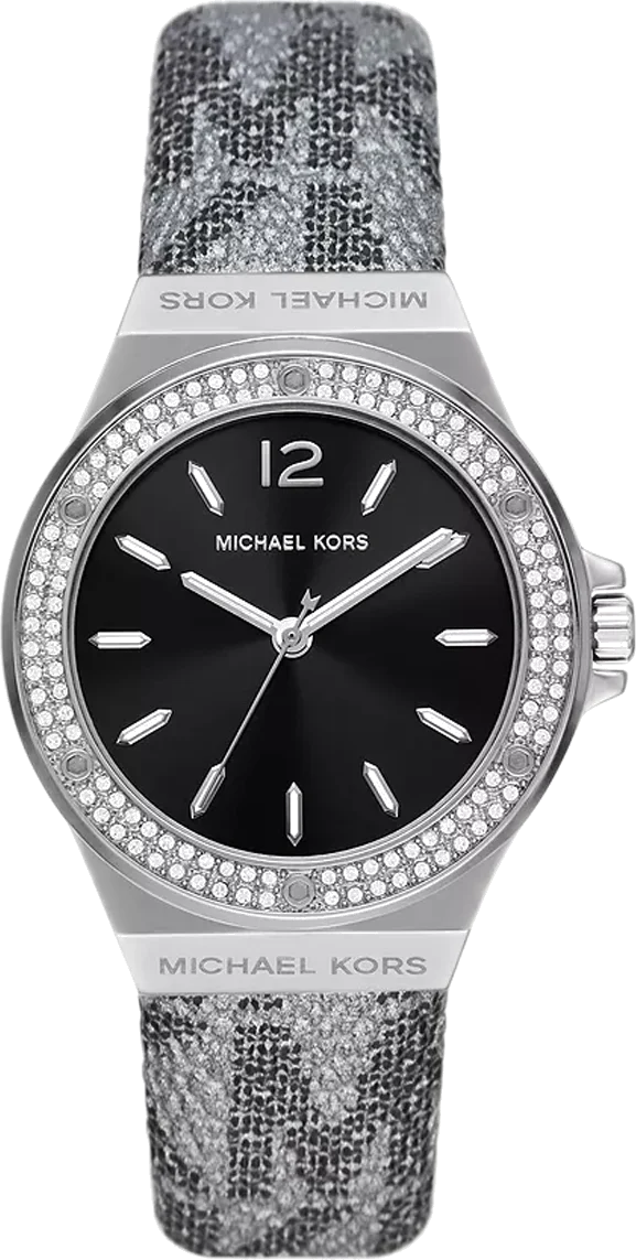 Montre Michael Kors Lennox MK7309 pour Femme, Cadran Noir, Boîtier Argent, Bracelet Cuir Gris