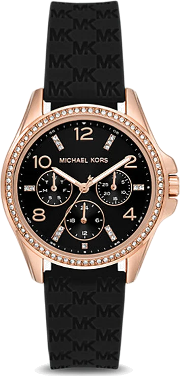 Montre Michael Kors MK7373 Mini Pilot - Chronographe Femme - Cadran Noir, Boîtier Or Rose, Bracelet Silicone Noir