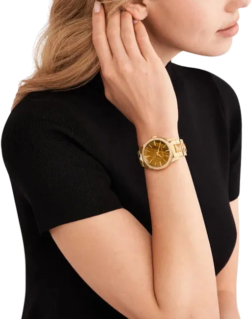 Montre Michael Kors Runway MK7389 pour femme, cadran marron, bracelet acier or rose vue 4