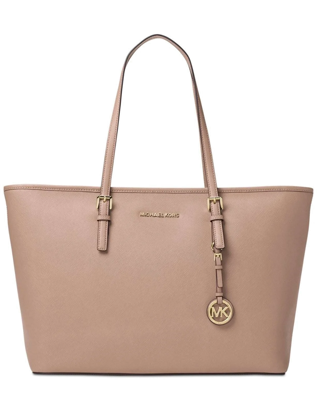 Sac à main Michael Kors Jet Set Travel cuir Saffiano beige avec glissière supérieure