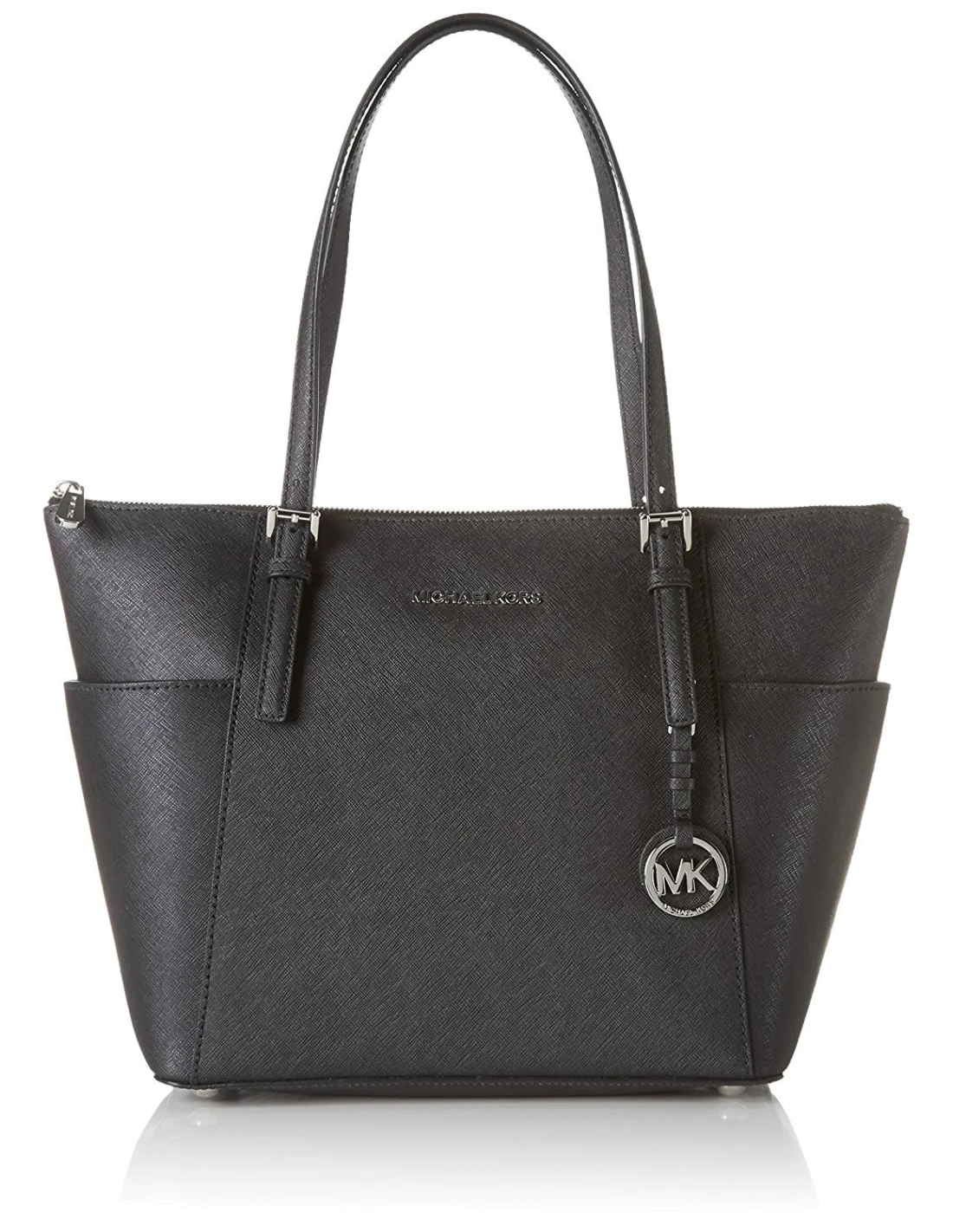 Sac à main Michael Kors Sac Jet Set en cuir saffiano noir à glissière sur le dessus