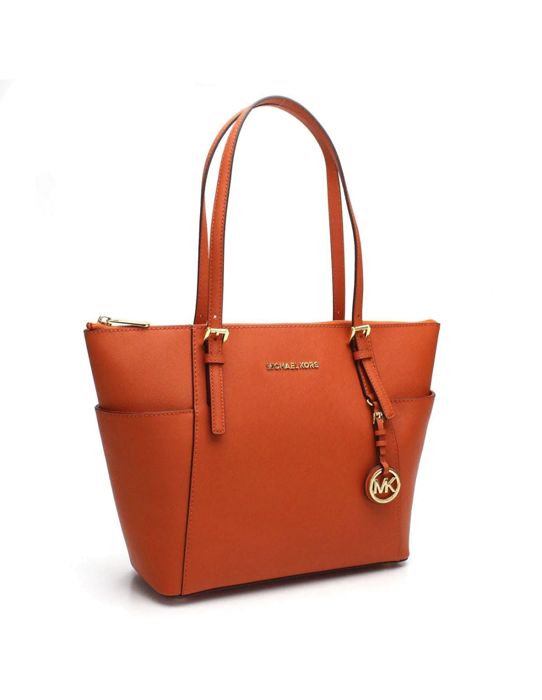 Sac à main Michael Kors Jet Set en cuir Orange Saffiano à glissière sur le dessus vue 2