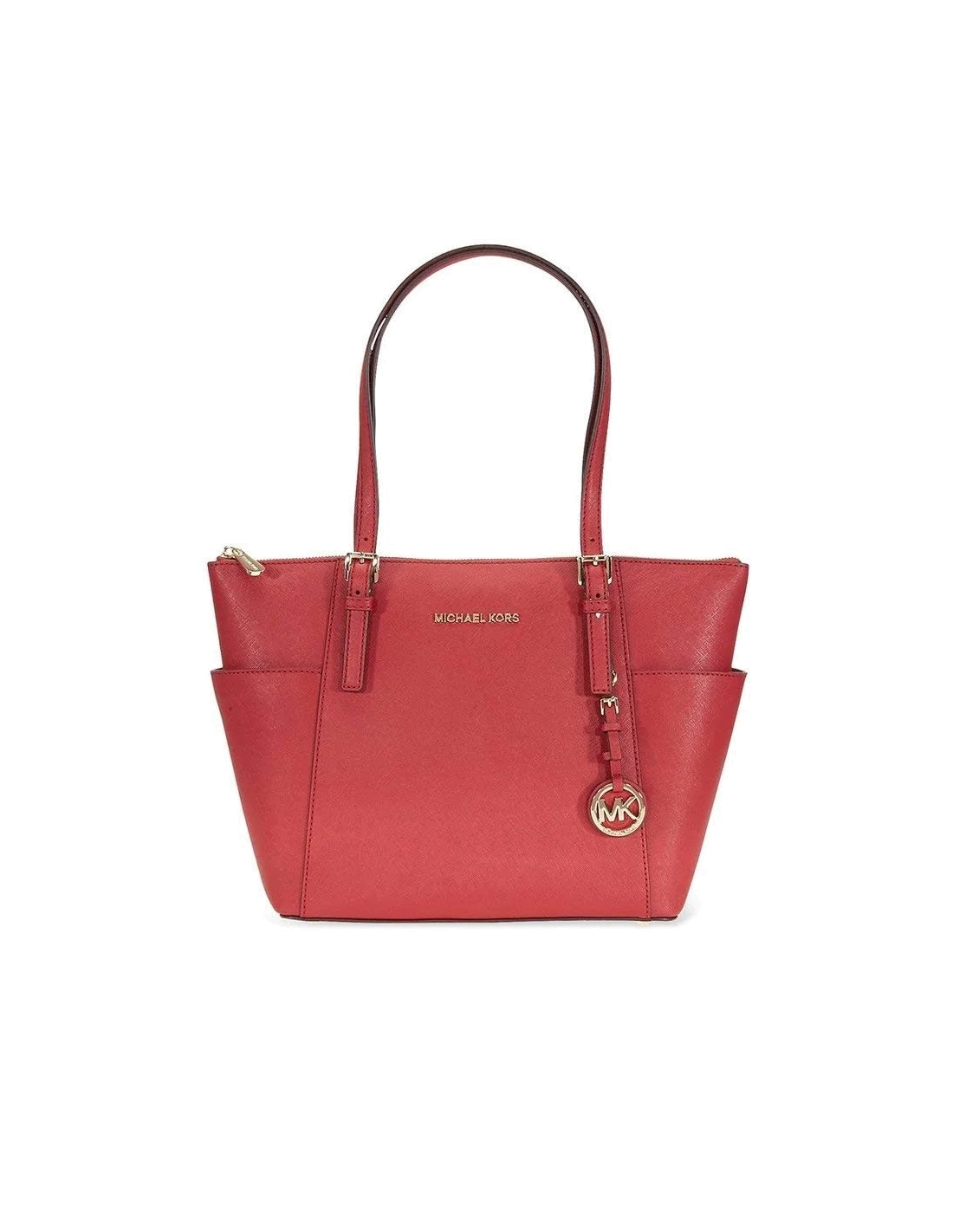 Sac à main Michael Kors Jet Set en cuir rouge Saffiano à glissière sur le dessus vue 3