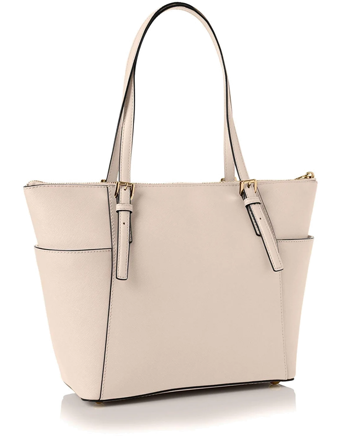 Sac à main Michael Kors Jet Set en cuir beige Saffiano à glissière sur le dessus vue 2