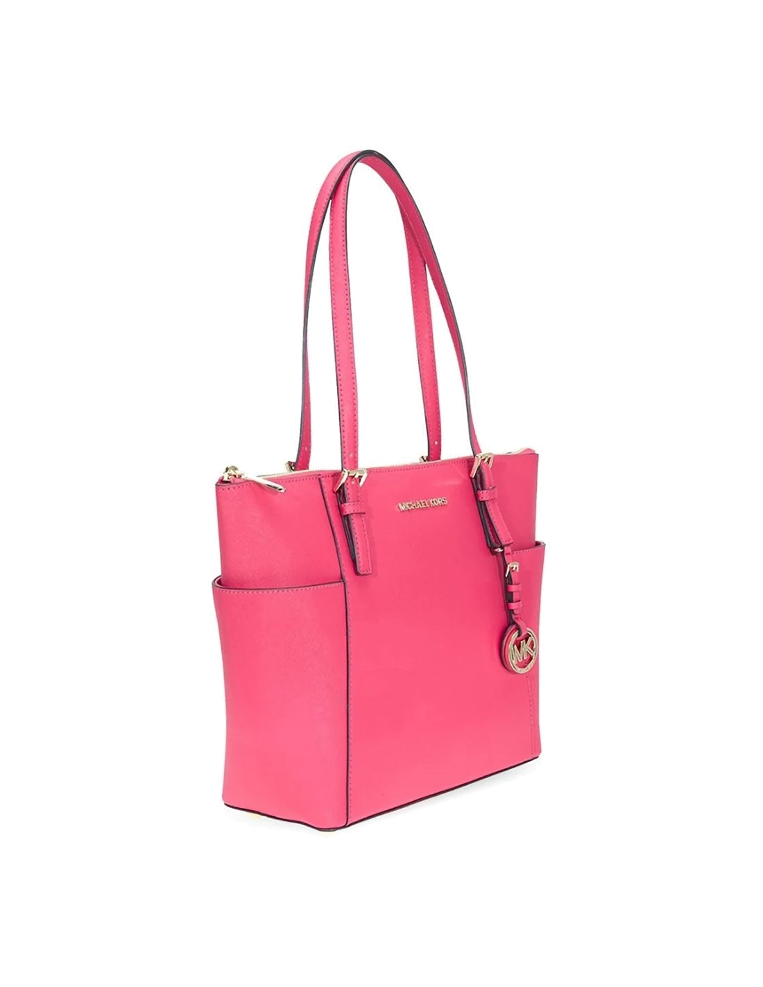 Sac à main Michael Kors Jet Set en cuir rose Saffiano à glissière sur le dessus vue 2
