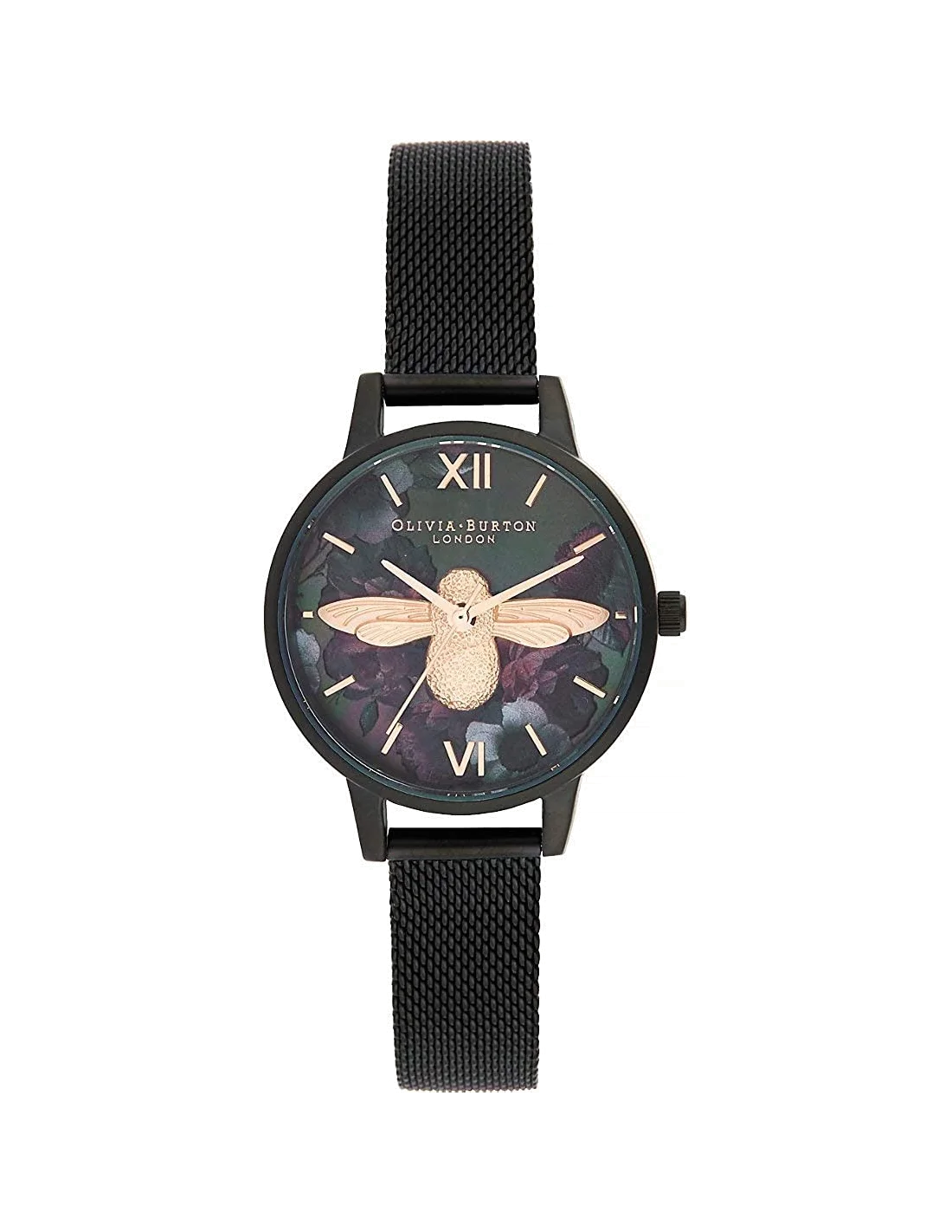 Montre Femme Olivia Burton OB16AD39 Cadran Noir Floral avec Bracelet Maille Milanaise Noire et Or Rose