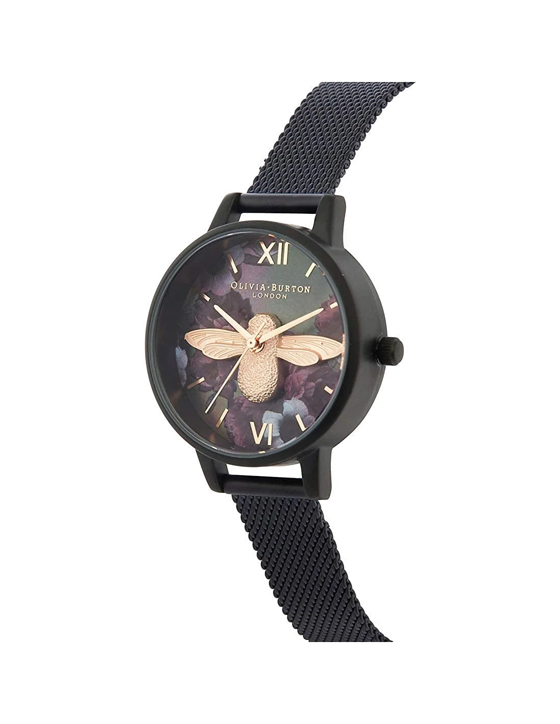 Montre Femme Olivia Burton OB16AD39 Cadran Noir Floral avec Bracelet Maille Milanaise Noire et Or Rose vue 2