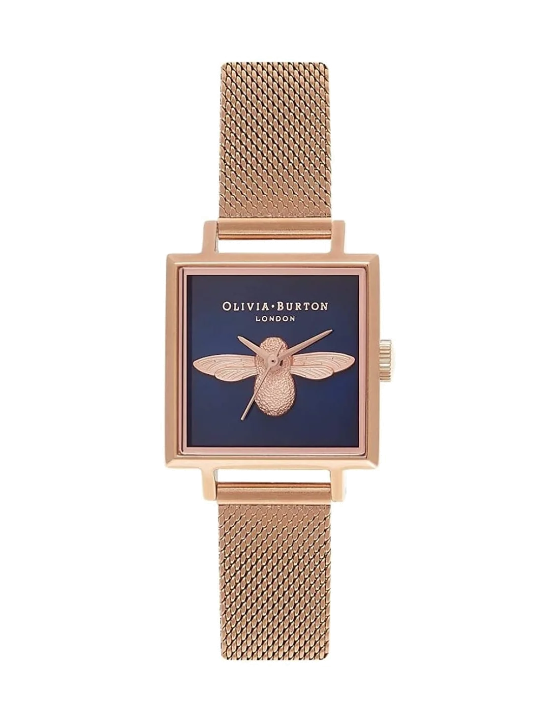 Montre Femme Olivia Burton OB16AM96 Abeille 3D, Cadran Carré Noir et Bracelet Maille Milanaise Or Rose