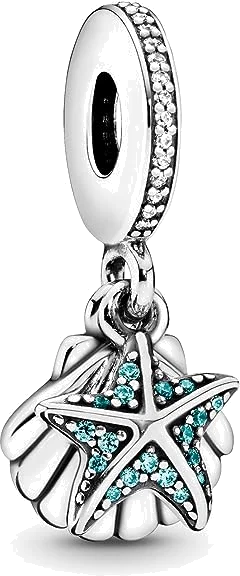 Pendentif Charm Pandora Moments Argent 925, Étoile de Mer et Coquillage Vert, Réf. 792076CZF