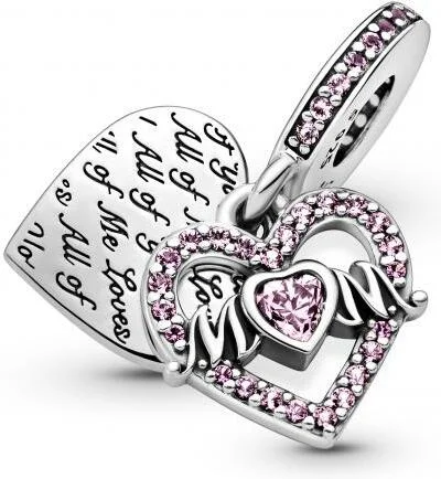 Charm Pandora Double Pendant argent Cœur gravé & Cœur Mum cristaux rose Pandora Passions vue 4