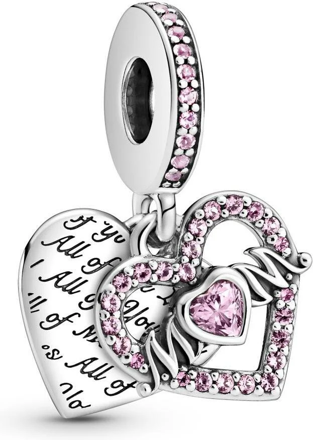 Charm Pandora Double Pendant argent Cœur gravé & Cœur Mum cristaux rose Pandora Passions
