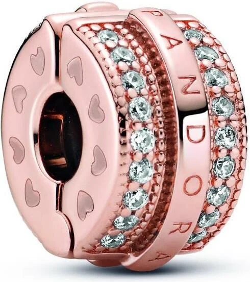 Charm Pandora Métal doré à l'or rose fin 585/1000 Clip Lignes Pavé & Logo Signature Pandora