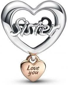 Charm Pandora Cœur Love You Sister en Métal doré à l'or rose fin 585/1000 vue 2