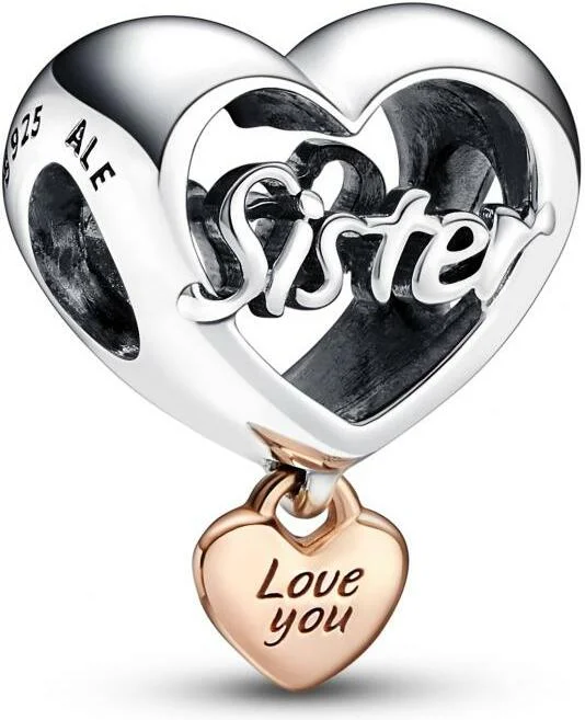 Charm Pandora Cœur Love You Sister en Métal doré à l'or rose fin 585/1000