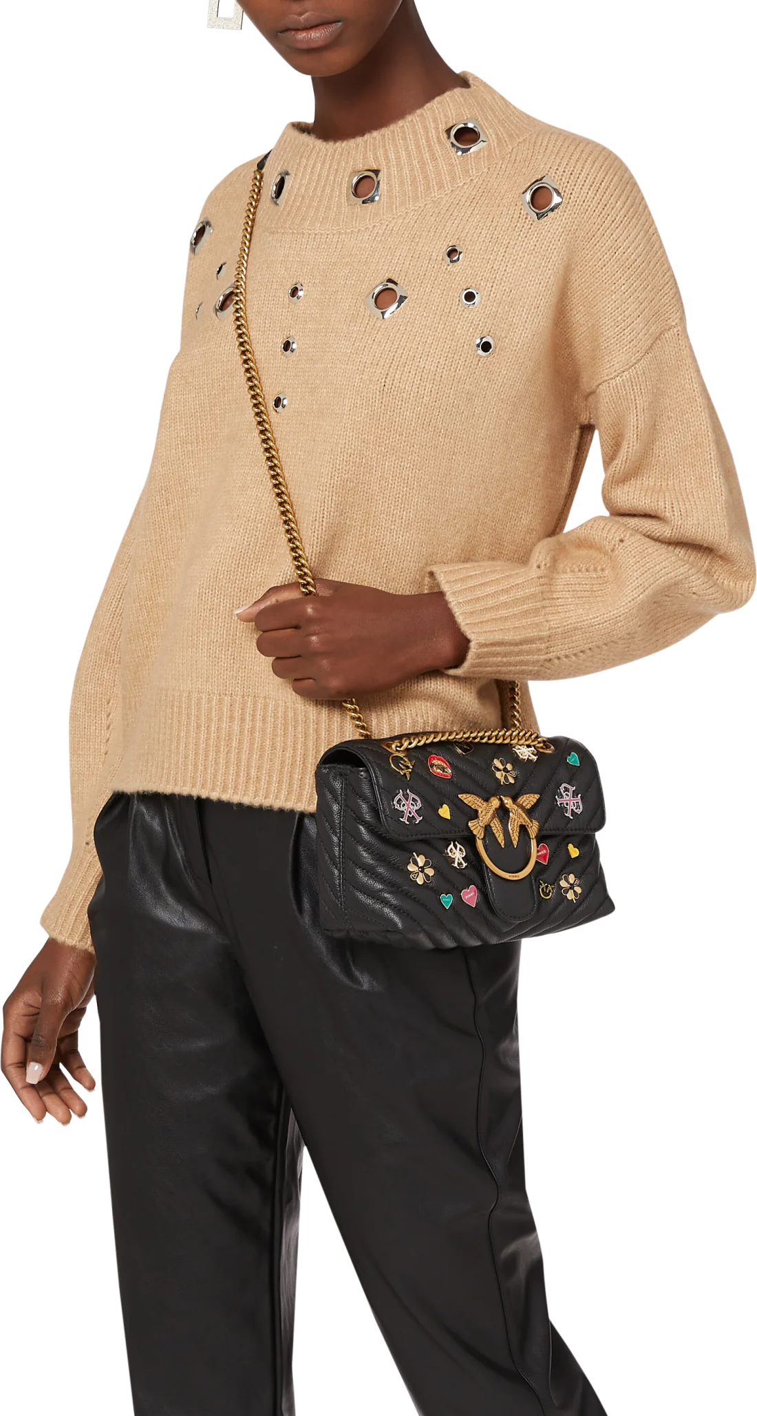 Mini sac matelassé Pinko "Love Broches" en cuir noir vue 6