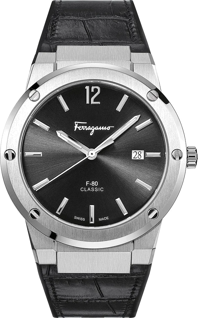Montre Homme Salvatore Ferragamo F-80 Slim SFDT00219 - Boîtier Argent 42mm, Cadran Noir, Bracelet Cuir Crocodile Noir