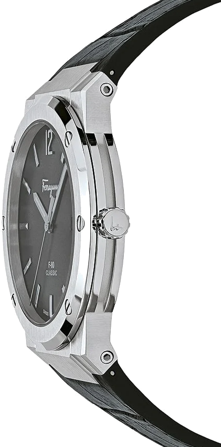 Montre Homme Salvatore Ferragamo F-80 Slim SFDT00219 - Boîtier Argent 42mm, Cadran Noir, Bracelet Cuir Crocodile Noir vue 2