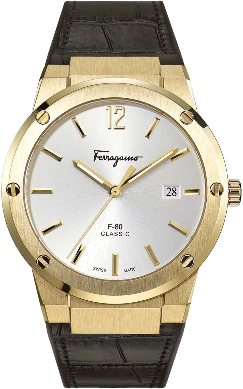 Montre Homme Salvatore Ferragamo SFDT00419, Boîtier Acier Or, Cadran Blanc, Bracelet Cuir Marron