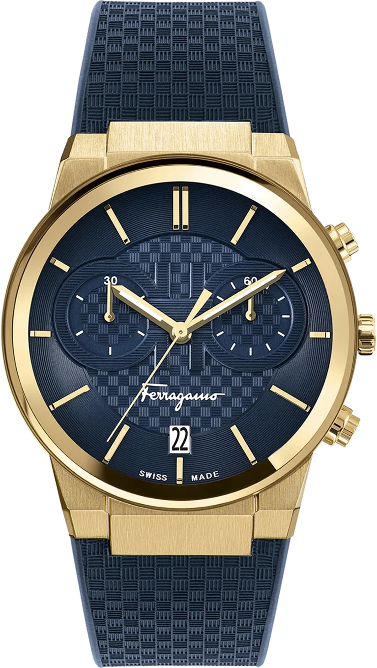 Chronographe Salvatore Ferragamo SFME00221 Homme - Cadran et bracelet bleu, boîtier or