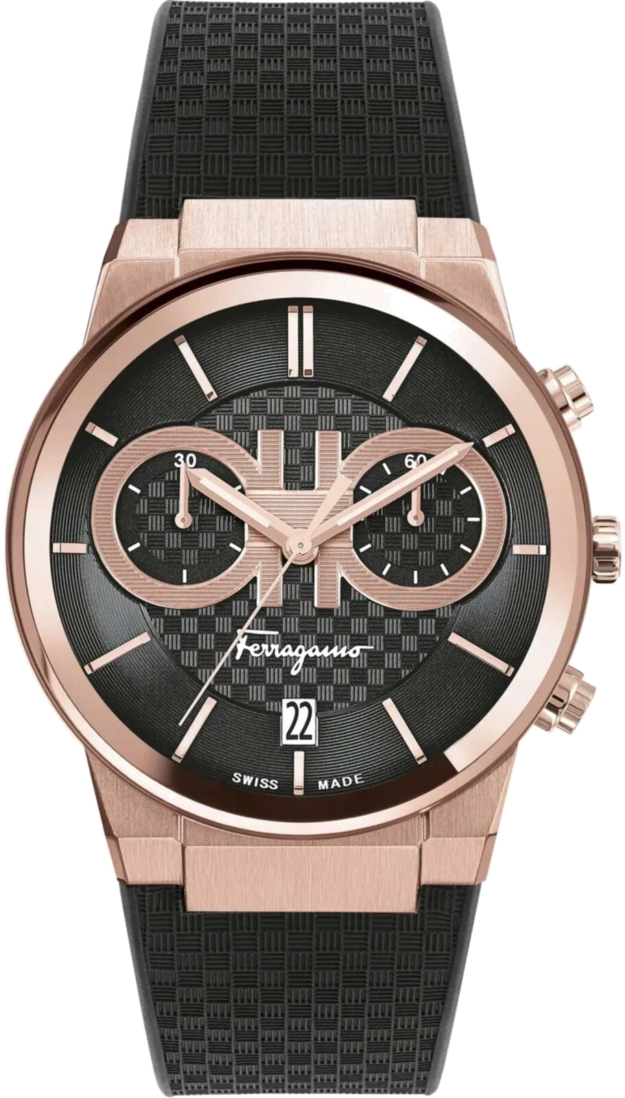 Chronographe Salvatore Ferragamo SFME00721 Homme - Boîtier Or Rose, Cadran Noir, Bracelet Silicone