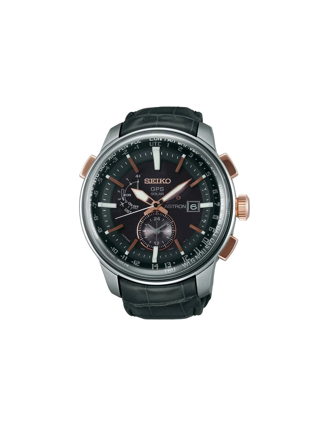 Montre Homme Seiko Astron SAS038J1 GPS Solaire - Boîtier Acier, Cadran Noir, Bracelet Cuir Crocodile