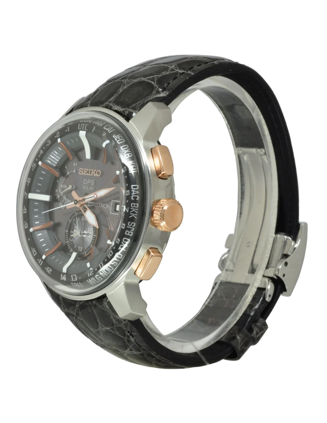 Montre Homme Seiko Astron SAS038J1 GPS Solaire - Boîtier Acier, Cadran Noir, Bracelet Cuir Crocodile vue 2